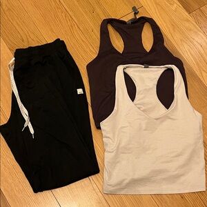Vuori Black Joggers with Cream and Dark Brown Tank Tops